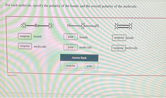 For each molecule specify the polarity of the bonds