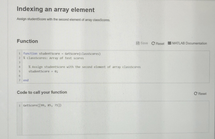 Assign studentscore with the second element of array classscores.